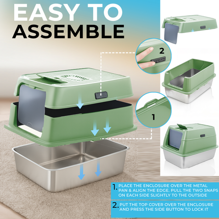 IGAD XXL Stainless Steel Cat Litter Box – High Sides, Non-Stick, Easy Clean, Odour Control, Removable Lid & Scoop (Green Double Entry)