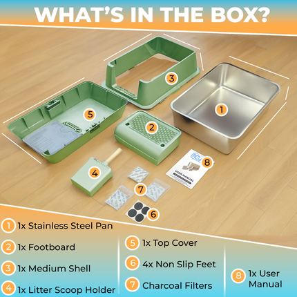 IGAD XXL Stainless Steel Cat Litter Box – High Sides, Non-Stick, Easy Clean, Odour Control, Removable Lid & Scoop (Green Double Entry)