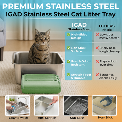 IGAD XXL Stainless Steel Cat Litter Box – High Sides, Non-Stick, Easy Clean, Odour Control, Removable Lid & Scoop (Green Double Entry)