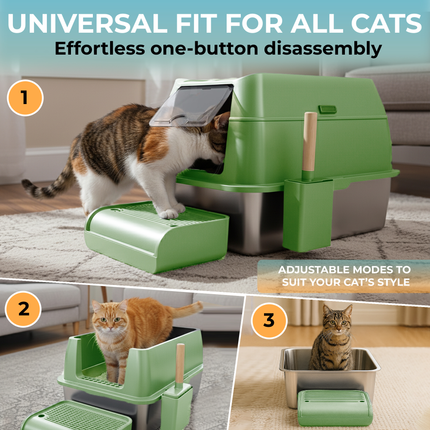 IGAD XXL Stainless Steel Cat Litter Box – High Sides, Non-Stick, Easy Clean, Odour Control, Removable Lid & Scoop (Green Double Entry)