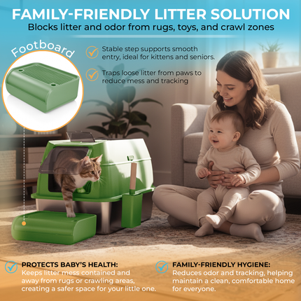IGAD XXL Stainless Steel Cat Litter Box – High Sides, Non-Stick, Easy Clean, Odour Control, Removable Lid & Scoop (Green Double Entry)