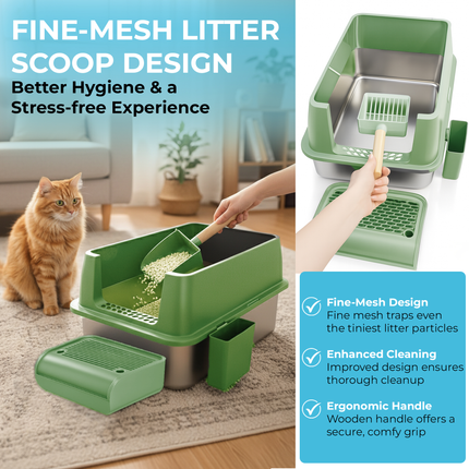 IGAD XXL Stainless Steel Cat Litter Box – High Sides, Non-Stick, Easy Clean, Odour Control, Removable Lid & Scoop (Green Double Entry)