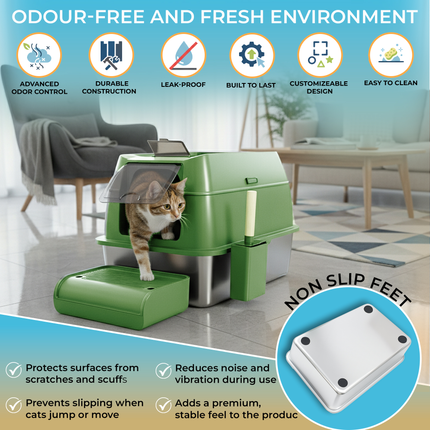 IGAD XXL Stainless Steel Cat Litter Box – High Sides, Non-Stick, Easy Clean, Odour Control, Removable Lid & Scoop (Green Double Entry)