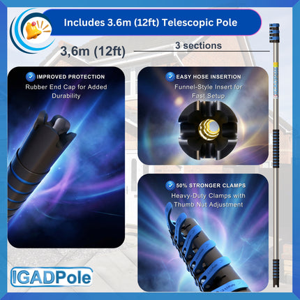 IGADPole 3.6m(12ft) Washing Kit: Water-fed Brush, Cobweb Duster and 10”(25cm) Squeegee and Soap Dispenser, with 3-Stage Telescoping Pole 5-12ft