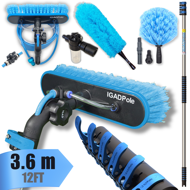 IGAD Pole 3.6m (12ft) Water-Fed Pole Cleaning Kit – Includes Water-fed Brush, Cobweb & Microfibre Duster, Soap Dispenser & Hose Tap