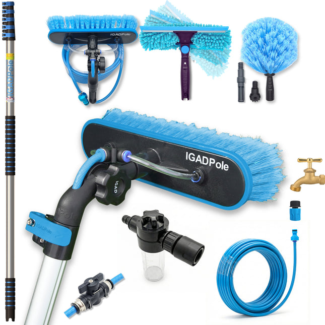 IGADPole 6m(20ft) Washing Kit: Water-fed Brush, Cobweb Duster and 10”(25cm) Squeegee and Soap Dispenser, with 5-Stage Telescoping Pole 5-20ft(6m) Pole