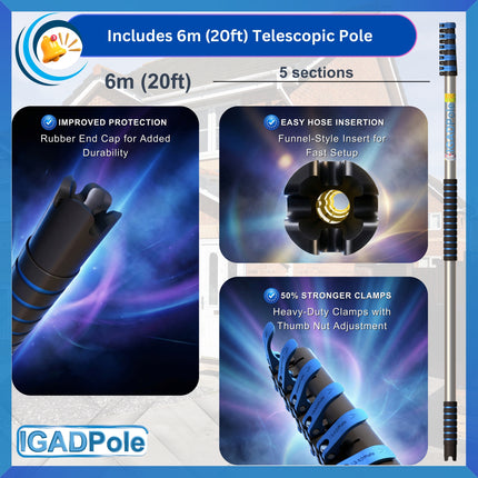 IGADPole 6m(20ft) Washing Kit: Water-fed Brush, Cobweb Duster and 10”(25cm) Squeegee and Soap Dispenser, with 5-Stage Telescoping Pole 5-20ft(6m) Pole