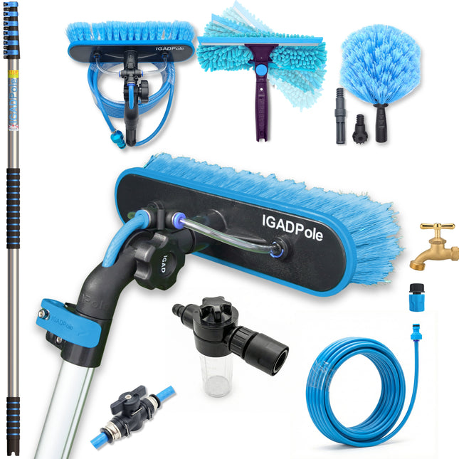 IGADPole 7m (24ft) Washing Kit: Water-fed Brush, Cobweb Duster and 10” Squeegee and Soap Dispenser, with 6-Stage Telescoping Pole 5-24ft (7m) Pole