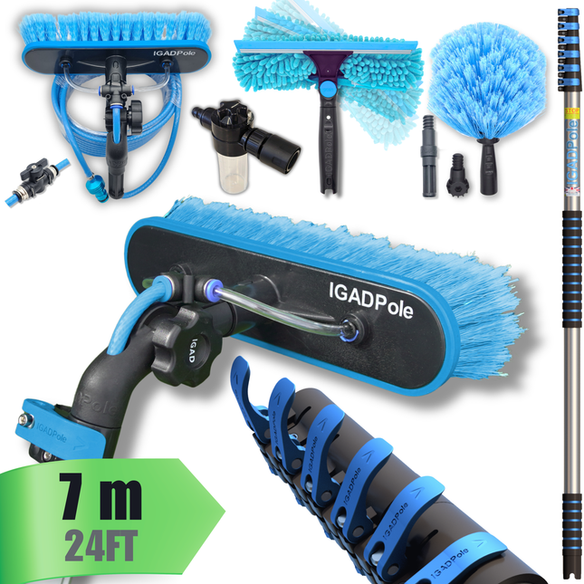 IGAD Pole 7m (24ft) Washing Kit: Water-fed Brush, Cobweb Duster and 10” Squeegee and Soap Dispenser, with 6-Stage Telescoping Pole 5-24ft (7m) Pole
