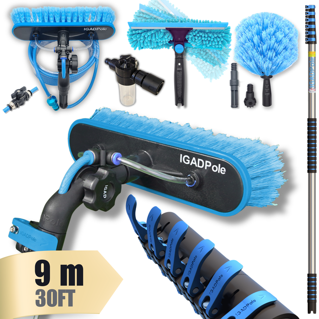 IGAD Pole 9m (30ft) Washing Kit: Water-fed Brush, Cobweb Duster and 10” Squeegee and Soap Dispenser, with 6-Stage Telescoping Pole 6-30ft (9m) Pole