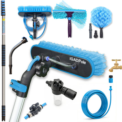IGADPole 8.6m (28ft) Washing Kit: Water-fed Brush, Cobweb Duster and 10”(25cm) Squeegee and Soap Dispenser