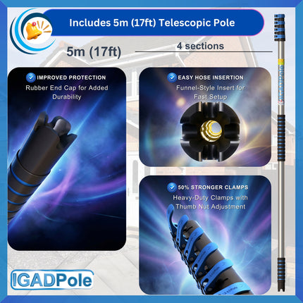 IGADPole 5m (17ft) Water-Fed Pole Cleaning Kit – Includes Water-fed Brush, Cobweb & Microfibre Duster, Soap Dispenser & Hose Tap