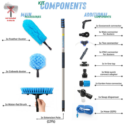 IGADPole 5m (17ft) Water-Fed Pole Cleaning Kit – Includes Water-fed Brush, Cobweb & Microfibre Duster, Soap Dispenser & Hose Tap