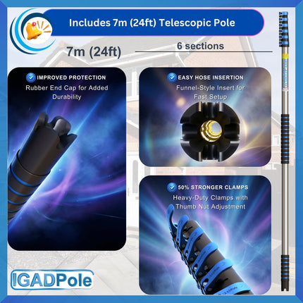 IGADPole 7m (24ft) Water-Fed Pole Cleaning Kit – Includes Water-fed Brush, Cobweb & Microfibre Duster, Soap Dispenser & Hose Tap