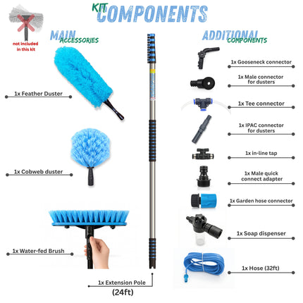 IGADPole 7m (24ft) Water-Fed Pole Cleaning Kit – Includes Water-fed Brush, Cobweb & Microfibre Duster, Soap Dispenser & Hose Tap