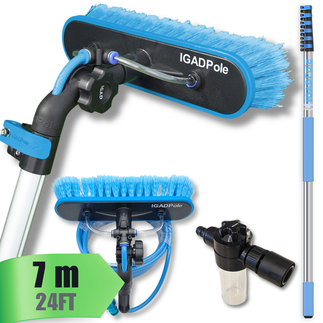IGAD Pole 7m (24ft) Extension Pole Kit with Water-fed Brush and Hose, with 6-Stage Telescoping Pole 5-24ft Pole