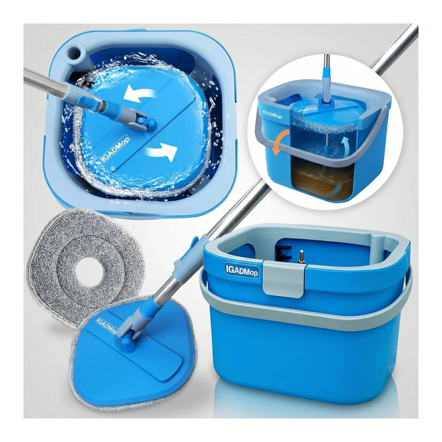 IGADMop Professional Set with Bucket, 2 Chamber System for Separating Dirty and Clean Water, 130 cm Telescopic Handle, 1 Microfibre Mop Pad