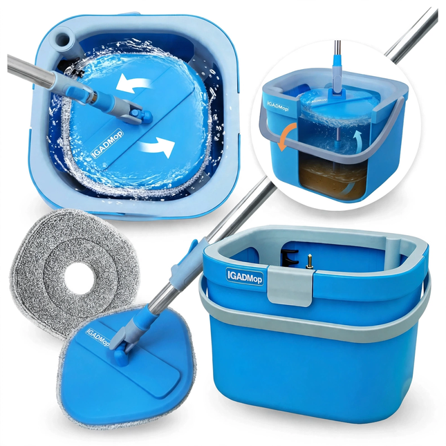 IGADMop Professional Set with Bucket, 2 Chamber System for Separating Dirty and Clean Water, 130 cm Telescopic Handle, 1 Microfibre Mop Pad
