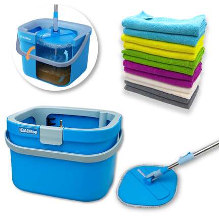 IGADMop Professional Set with Bucket+Free Microfibre Cloths Pack, 2 Chamber System for Separating Dirty and Clean Water, 130 cm Telescopic Handle, 2 Microfibre Mop Pads with Efficient Wringing Function