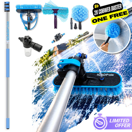IGADPole 3.6m(12ft) Washing Kit: Water-fed Brush, 2x Cobweb Dusters, 10” Squeegee, Soap Dispenser & 3-Stage Telescoping Pole 5-12ft