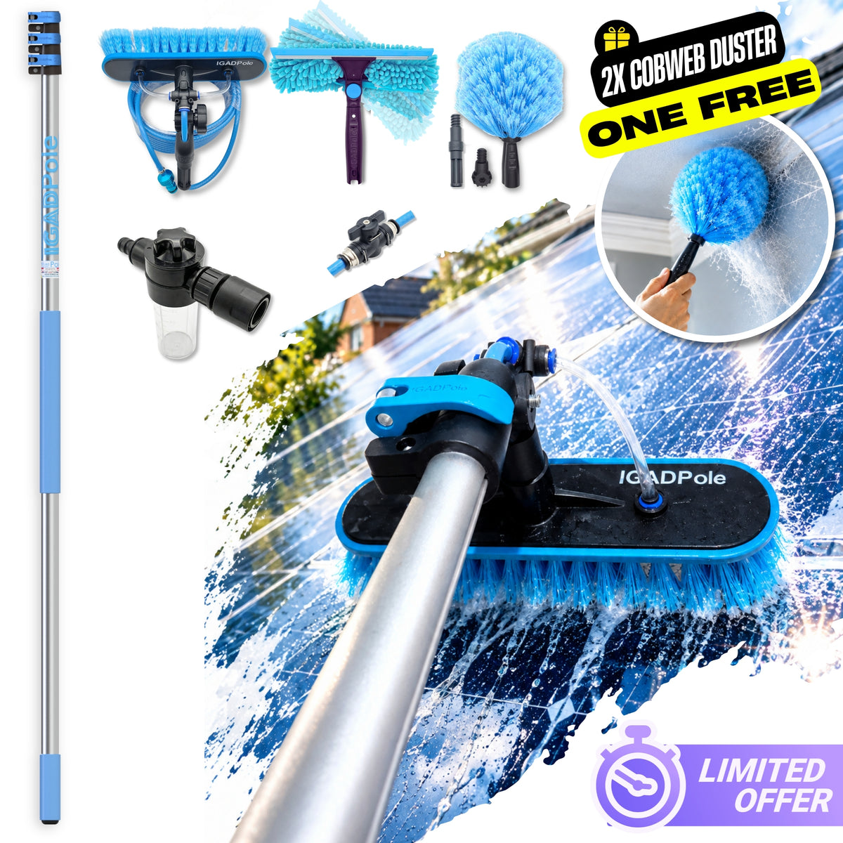 IGADPole 3.6m(12ft) Washing Kit: Water-fed Brush, 2x Cobweb Dusters, 10” Squeegee, Soap Dispenser & 3-Stage Telescoping Pole 5-12ft