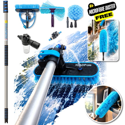 IGADPole 5m (17ft) Telescopic Window Cleaning Pole Kit with Water-Fed Brush, Squeegee & Cobweb Duster + FREE Microfibre Duster