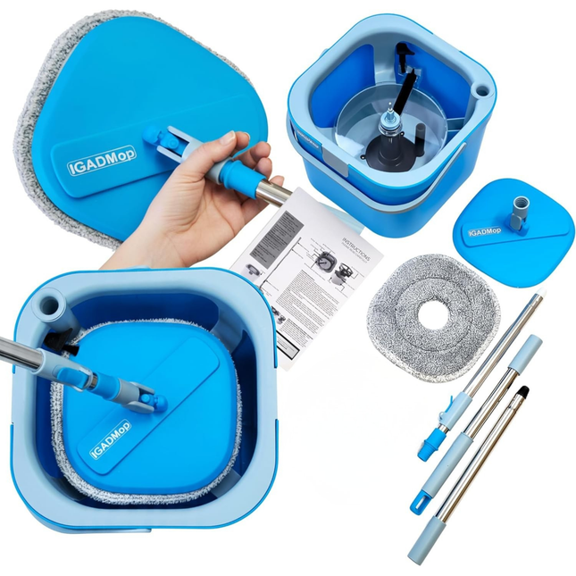 IGADMop Professional Set with Bucket, 2 Chamber System for Separating Dirty and Clean Water, 130 cm Telescopic Handle, Microfibre Mop Pad, Floor Mop for All Surfaces with Efficient Wringing Function