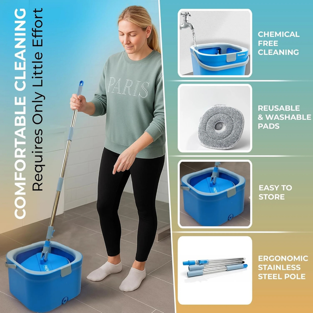 IGADMop Professional Set with Bucket, 2 Chamber System for Separating Dirty and Clean Water, 130 cm Telescopic Handle, 1 Microfibre Mop Pad