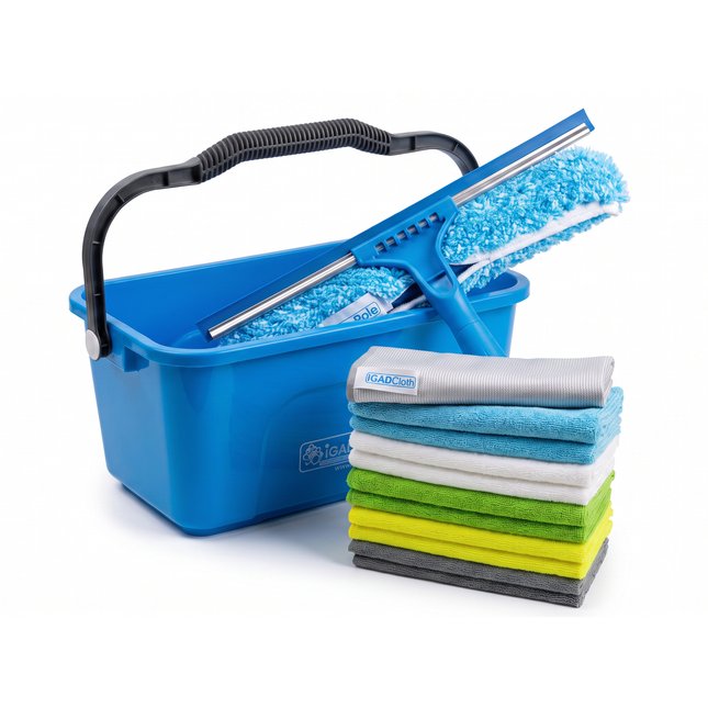 IGADPole 12L Window Cleaning Bucket Kit with 14" Squeegee & 10x Free Microfibre Cloths + 1 Special Glass Cloth – Professional Window Washing Set for Home, Car & Conservatory