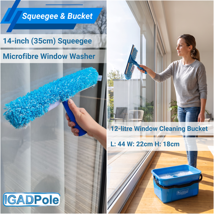 IGADPole 12L Window Cleaning Bucket Kit with 14" Squeegee & 10x Free Microfibre Cloths + 1 Special Glass Cloth – Professional Window Washing Set for Home, Car & Conservatory