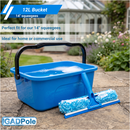 IGADPole 12L Window Cleaning Bucket Kit with 14" Squeegee & 10x Free Microfibre Cloths + 1 Special Glass Cloth – Professional Window Washing Set for Home, Car & Conservatory