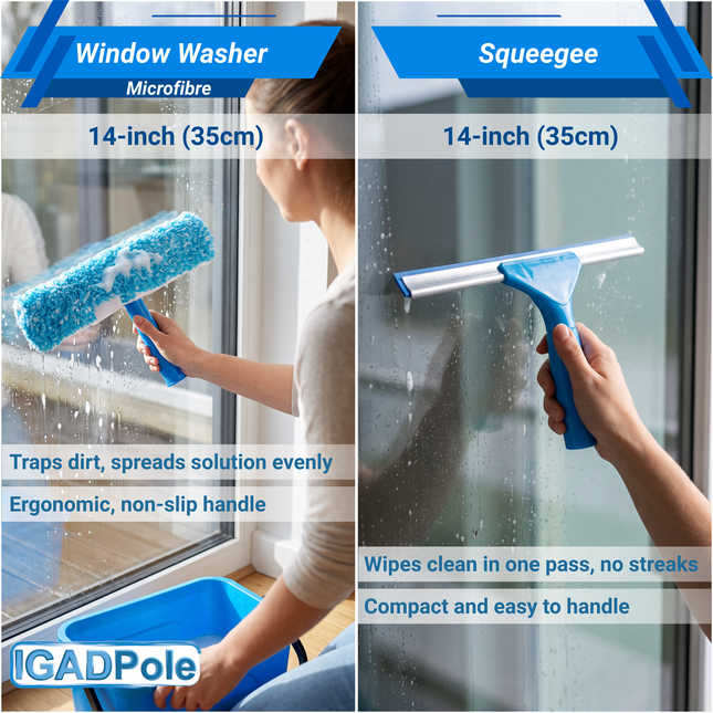 IGADPole 12L Window Cleaning Bucket Kit with 14" Squeegee & Microfibre Washer Head + 12x Free Microfibre Cloths – Professional Window Washing Set for Home, Car & Conservatory