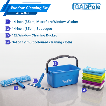 IGADPole 12L Window Cleaning Bucket Kit with 14" Squeegee & Microfibre Washer Head + 12x Free Microfibre Cloths – Professional Window Washing Set for Home, Car & Conservatory