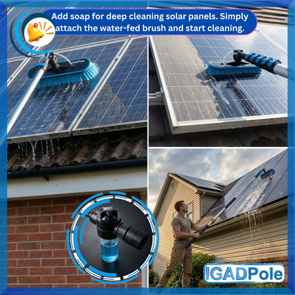 IGADPole 7m (24ft) Washing Kit: Water-fed Brush, Cobweb Duster and 10” Squeegee and Soap Dispenser, with 6-Stage Telescoping Pole 5-24ft (7m) Pole