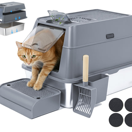 IGAD XXL Stainless Steel Cat Litter Box – High Sides, Non-Stick, Easy Clean, Odour Control, Removable Lid & Scoop (Grey)