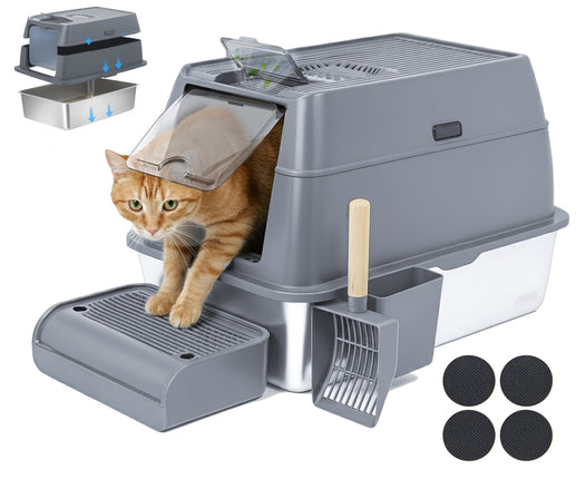IGAD XXL Stainless Steel Cat Litter Box – High Sides, Non-Stick, Easy Clean, Odour Control, Removable Lid & Scoop (Grey)