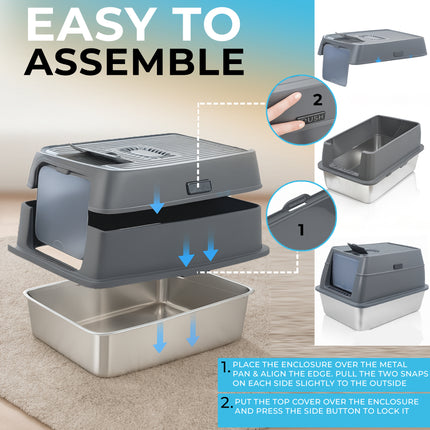 IGAD XXL Stainless Steel Cat Litter Box – High Sides, Non-Stick, Easy Clean, Odour Control, Removable Lid & Scoop (Grey Double Entry)