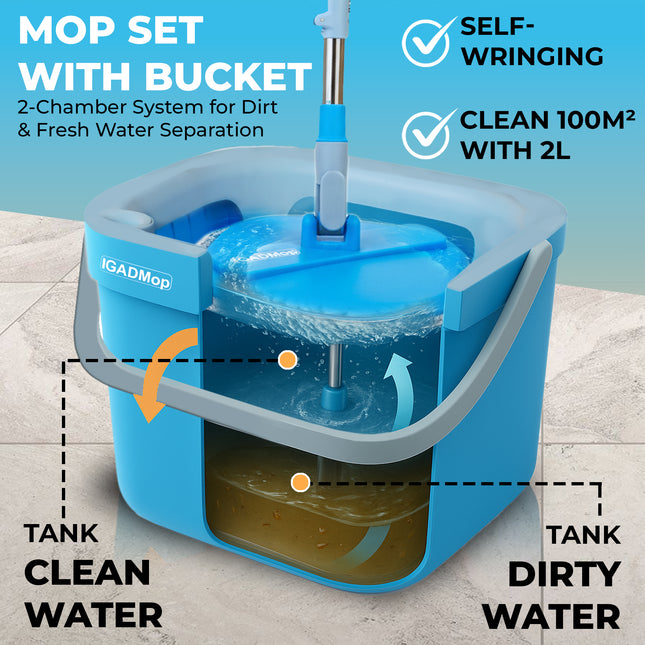 IGADMop Professional Set with Bucket+Free Microfibre Cloths Pack, 2 Chamber System for Separating Dirty and Clean Water, 130 cm Telescopic Handle, 2 Microfibre Mop Pads with Efficient Wringing Function