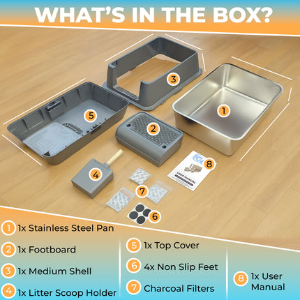 IGAD XXL Stainless Steel Cat Litter Box – High Sides, Non-Stick, Easy Clean, Odour Control, Removable Lid & Scoop (Grey Double Entry)