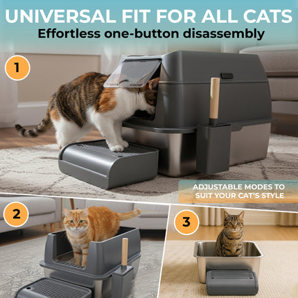 IGAD XXL Stainless Steel Cat Litter Box – High Sides, Non-Stick, Easy Clean, Odour Control, Removable Lid & Scoop (Grey Double Entry)