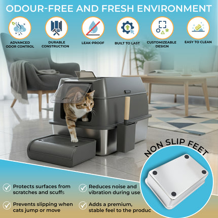 IGAD XXL Stainless Steel Cat Litter Box – High Sides, Non-Stick, Easy Clean, Odour Control, Removable Lid & Scoop (Grey Double Entry)