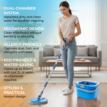 IGADMop Professional Set with Bucket+Free Microfibre Cloths Pack, 2 Chamber System for Separating Dirty and Clean Water, 130 cm Telescopic Handle, 2 Microfibre Mop Pads with Efficient Wringing Function