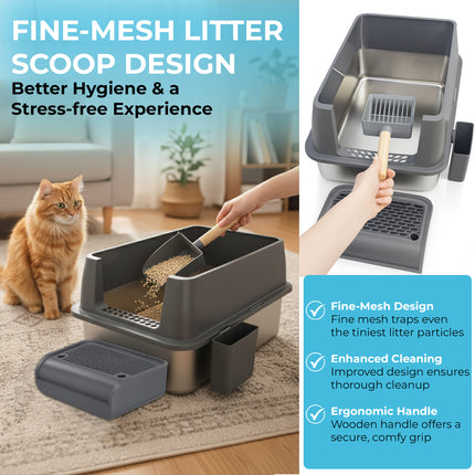 IGAD XXL Stainless Steel Cat Litter Box – High Sides, Non-Stick, Easy Clean, Odour Control, Removable Lid & Scoop (Grey Double Entry)