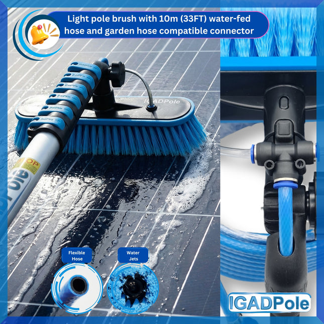 IGADPole 10"(25cm) Soft Bristle Water-Fed Brush Only, 30ft(10m) Long Light Hose, ACME and IGAD new Connector compatible (no pole included)