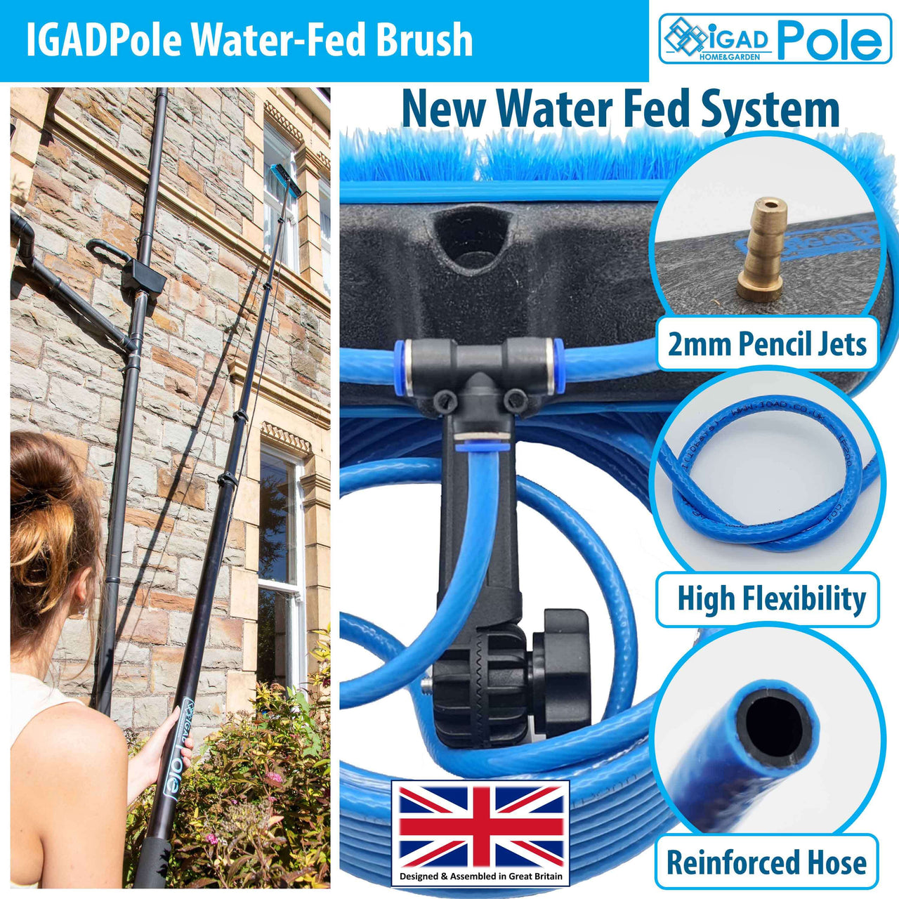 IGADPole 10"(25cm) Soft Bristle window Wash Brush with Water Fed Hose